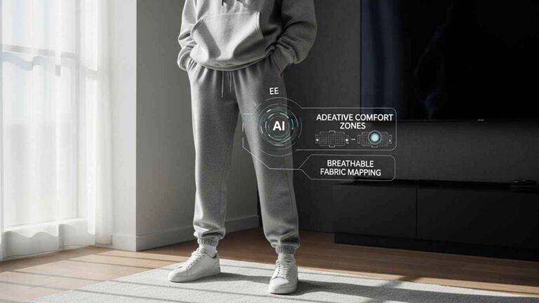 Model wearing AI enhanced EE sweatpants for smart comfort