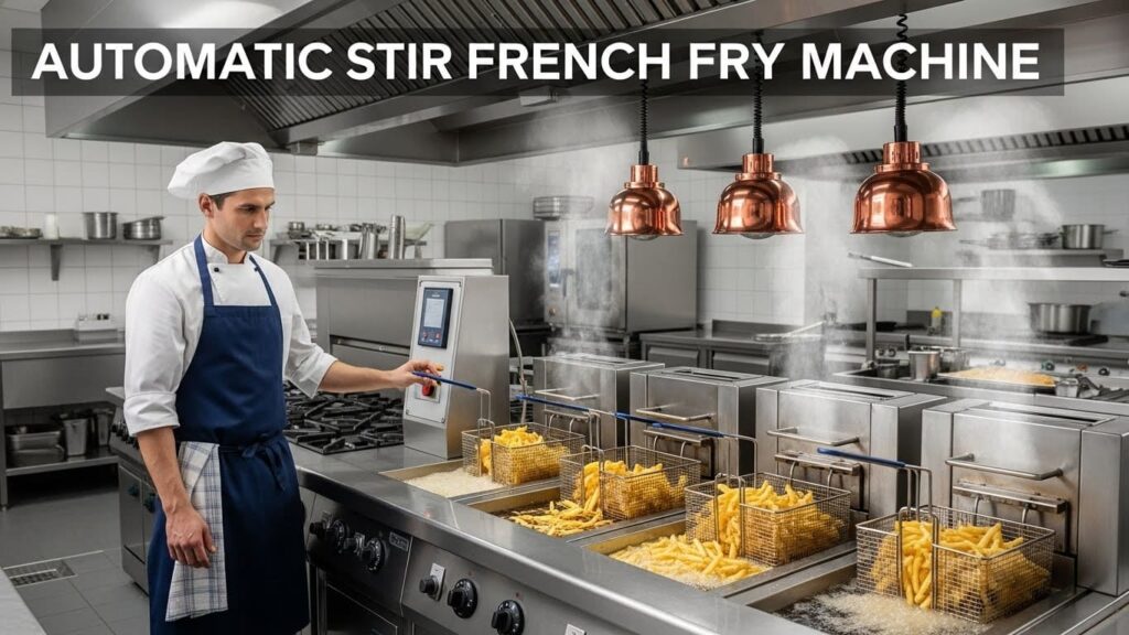 Commercial automatic stir French fry fryer in a busy kitchen with fries being evenly stirred by rotating paddles, stainless steel design, and chef monitoring machines