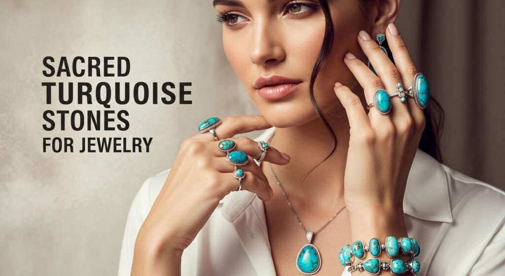 Beautiful woman modeling turquoise stone jewelry including rings, necklaces, and bracelets with vibrant blue-green hues