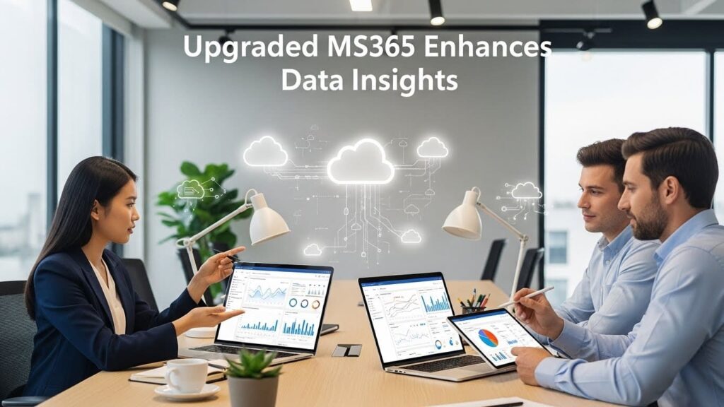 Modern Microsoft 365 interface showing analytics, collaboration tools, and data insights for businesses