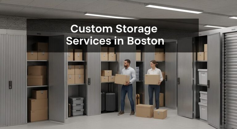 Modern storage facility in Boston with secure units, organized boxes, and customers using custom storage services