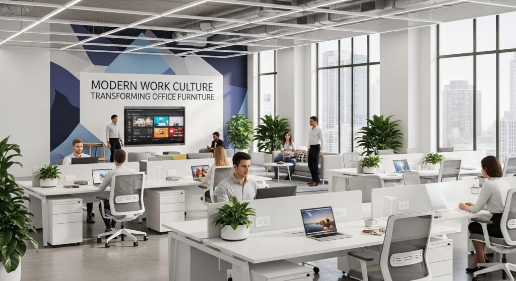 Modern office with sleek desks, ergonomic chairs, collaborative spaces, employees working, and a medium-sized display of office culture trends, modern graphic design style