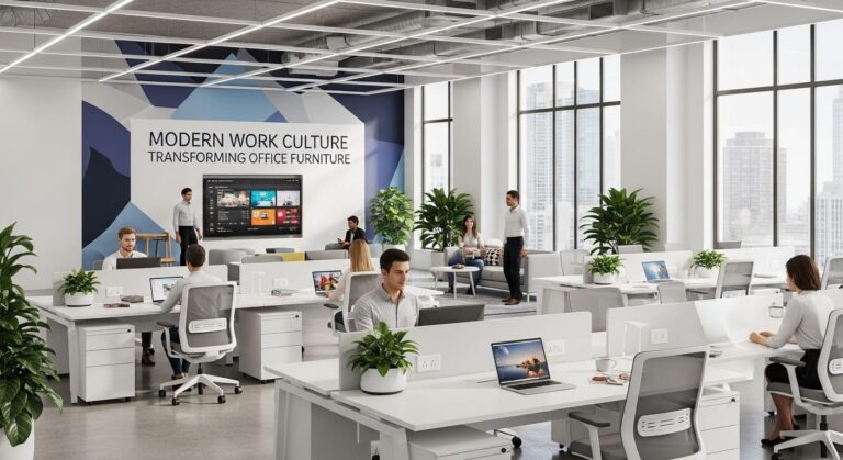 Modern office with sleek desks, ergonomic chairs, collaborative spaces, employees working, and a medium-sized display of office culture trends, modern graphic design style