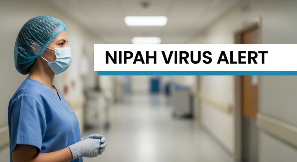 Hospital awareness design featuring a masked healthcare worker with the heading Nipah Virus Alert