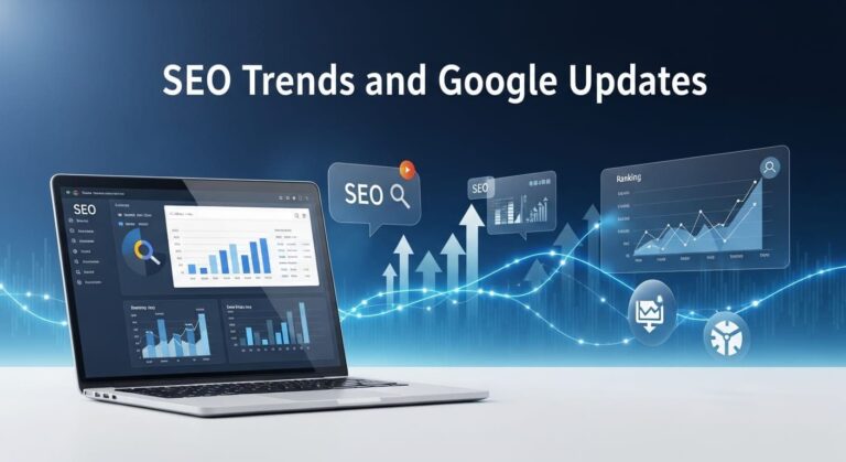 SEO analytics, Google search interface, ranking charts, and data graphs for SEO strategy insights