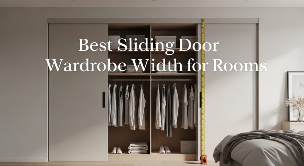 Realistic bedroom showing sliding door wardrobe with ideal width, organized shelves, measuring tape, and modern minimalist interior design