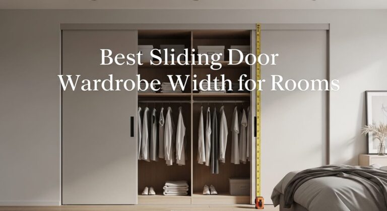 Realistic bedroom showing sliding door wardrobe with ideal width, organized shelves, measuring tape, and modern minimalist interior design