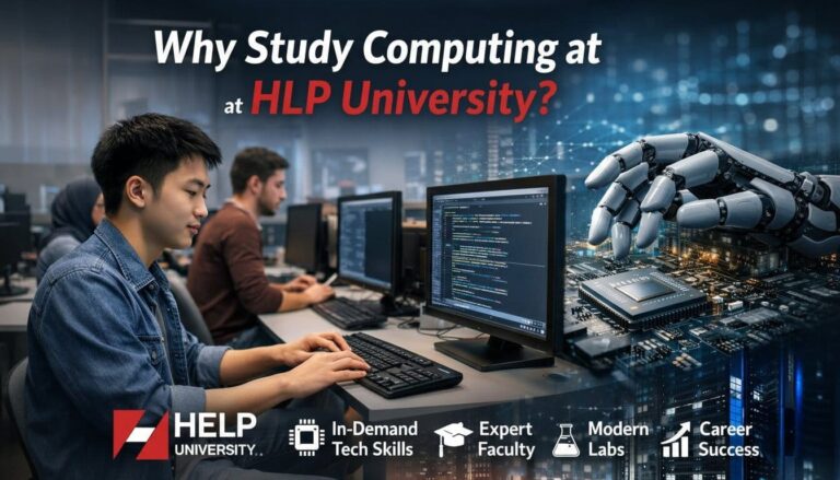 Students studying computing at HELP University in a modern computer lab with advanced technology and hands-on learning