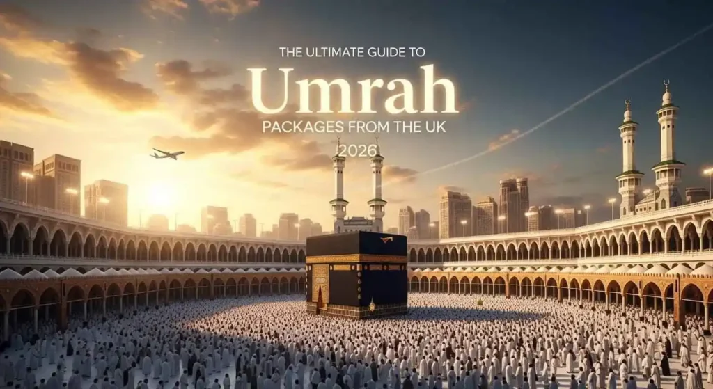 Performing Umrah at Masjid al Haram in Makkah during sunset, with the Kaaba at the center, representing Umrah packages from the UK 2026.
