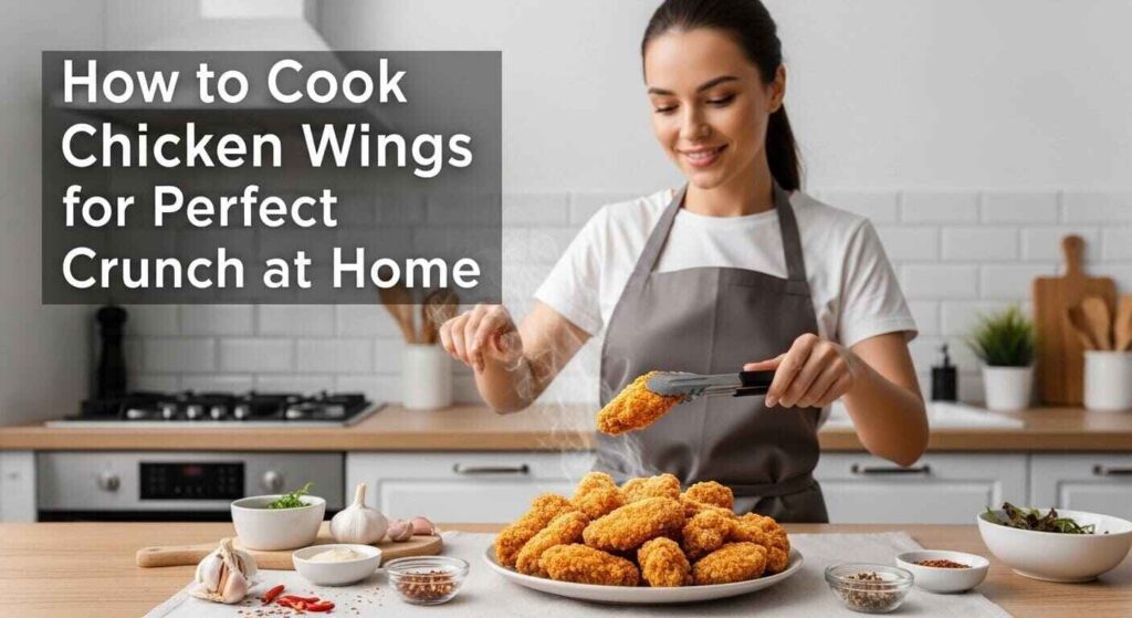 Woman cooking crispy chicken wings in a kitchen with golden crunchy wings on a plate