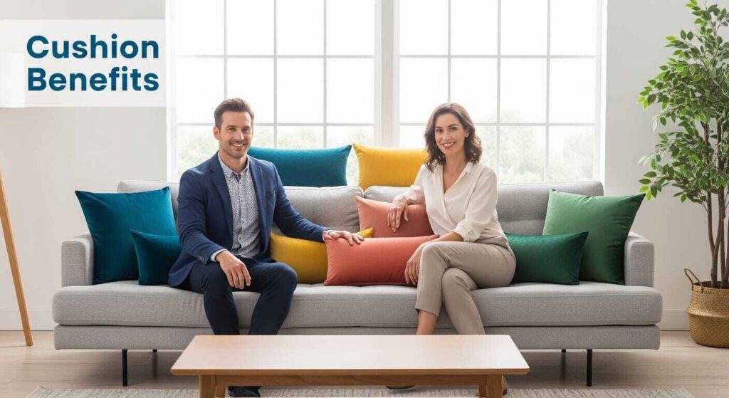 Man and Woman sitting naturally on a stylish sofa with plush cushions, highlighting the benefits of a cushion outlet