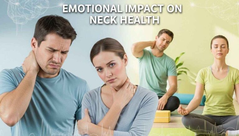 A man and woman experiencing neck tension from stress, anxiety, frustration, and sadness, practicing stretching, meditation, and yoga for relief, promoting mind-body awareness and cervical spine wellness
