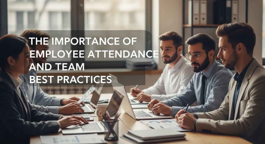 Professional office scene with a diverse team collaborating at desks, emphasizing punctuality, teamwork, and productivity