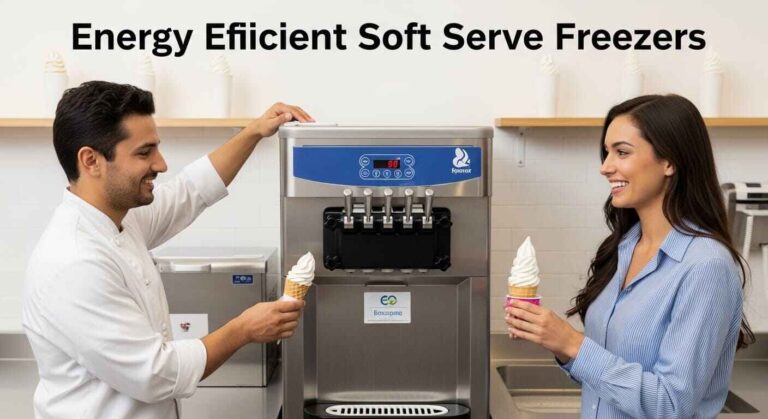 Man serving soft serve ice cream to woman using energy efficient modern freezer machine in a clean shop with cone and cup visible