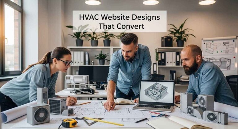 Engineers reviewing HVAC blueprints and technical tools in a clean professional workspace for modern HVAC design