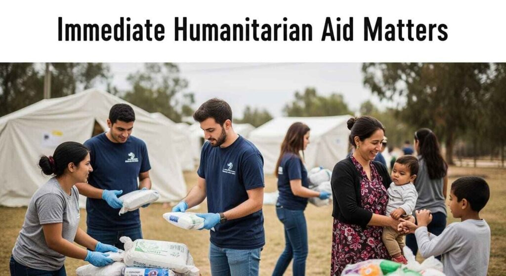 Volunteers providing assistance to families in a safe, calm environment, distributing supplies and engaging warmly with people