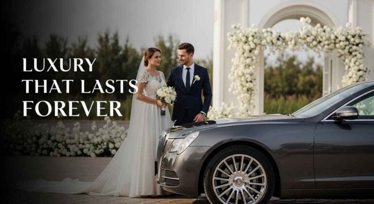 A luxury wedding car with sleek curves and polished exterior, a stylish couple standing nearby at an elegant wedding venue