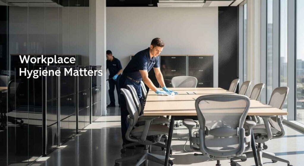 Modern office being professionally cleaned with spotless surfaces, highlighting workplace hygiene