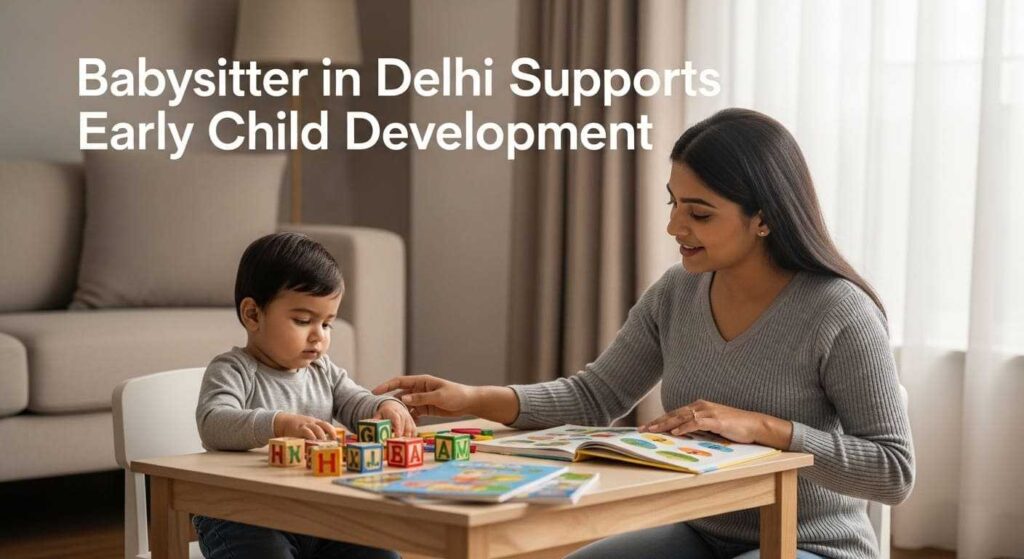 Babysitter in Delhi engaging a toddler in learning activities with educational toys and books in a safe home environment supporting early child development