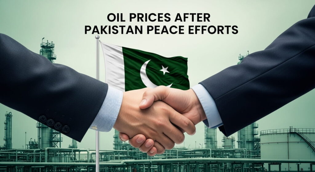 Handshake with Pakistan flag and oil refinery showing impact of peace efforts on oil prices