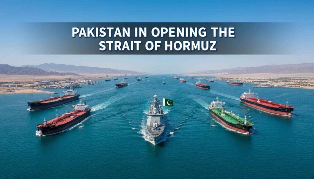 Geopolitical maritime scene showing a Pakistani naval vessel in the Strait of Hormuz with oil tankers passing through, framed by Iran and Oman coastlines, symbolizing global energy trade and strategic maritime influence