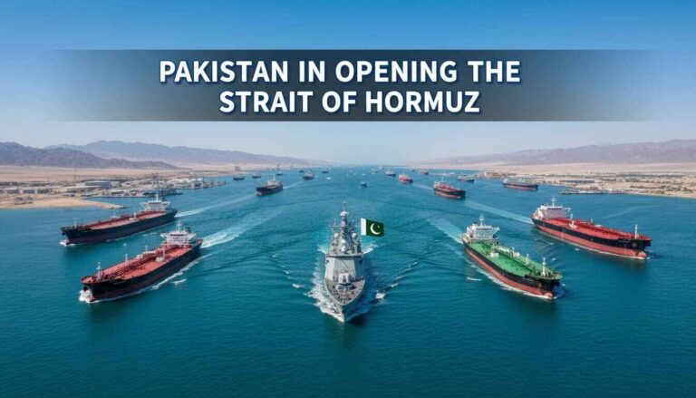 Geopolitical maritime scene showing a Pakistani naval vessel in the Strait of Hormuz with oil tankers passing through, framed by Iran and Oman coastlines, symbolizing global energy trade and strategic maritime influence