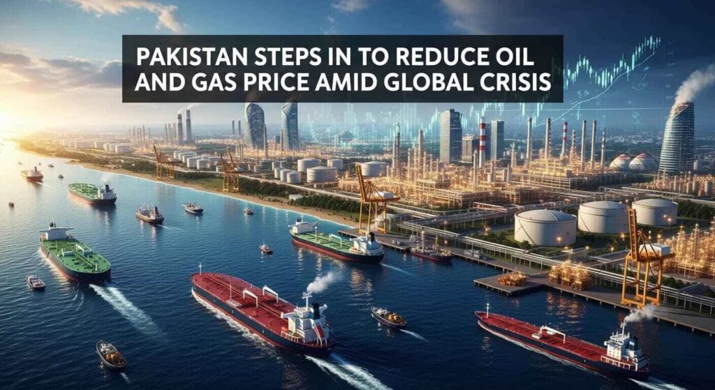 Oil tankers, refineries, and energy plants showing Pakistan role in global oil and gas price stability crisis scenario