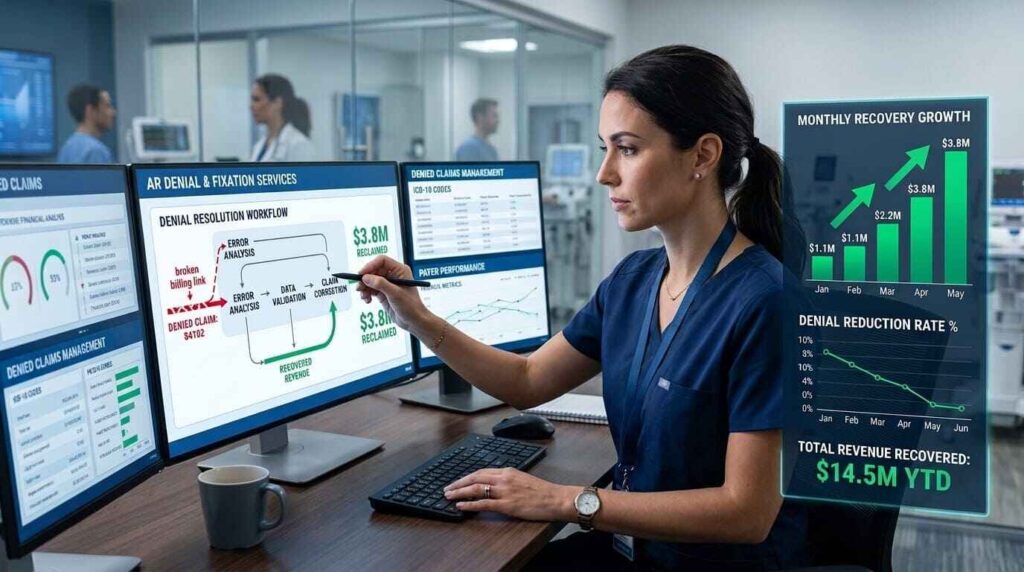 Healthcare revenue cycle management showing AR denial and fixation services helping providers identify denied claims, resolve billing issues, and recover lost healthcare revenue