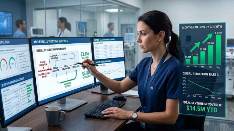 Healthcare revenue cycle management showing AR denial and fixation services helping providers identify denied claims, resolve billing issues, and recover lost healthcare revenue