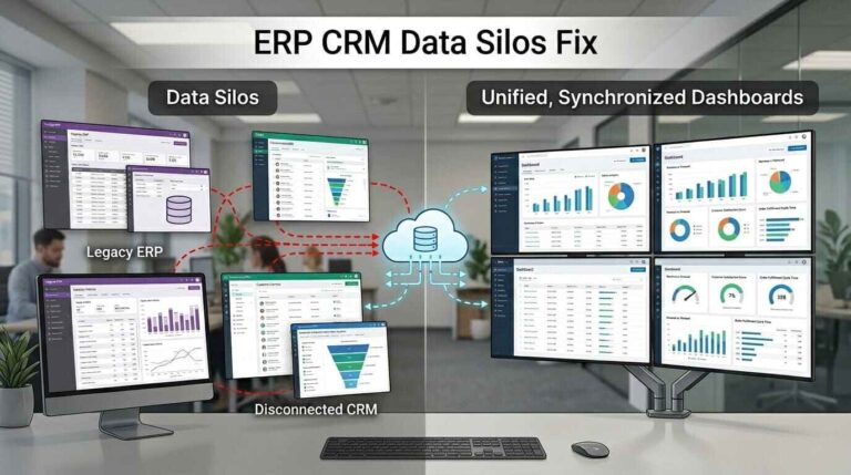 ERP and CRM integration dashboard showing unified data flow solving data silos in a modern business system