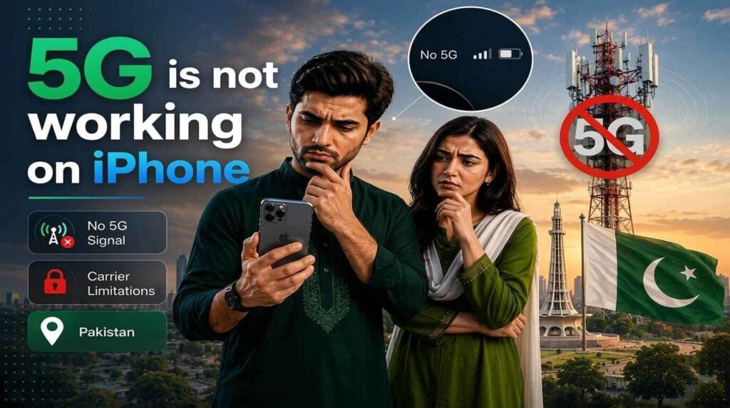 Pakistani iPhone users checking no 5G signal beside a blocked 5G tower
