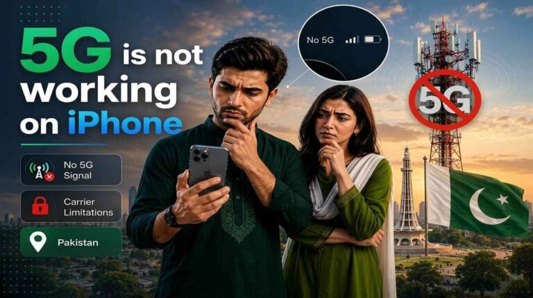 Pakistani iPhone users checking no 5G signal beside a blocked 5G tower