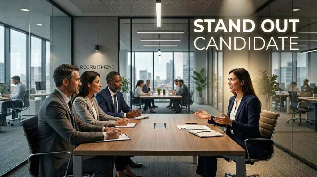 Professional recruitment setting highlighting a confident candidate in final hiring process
