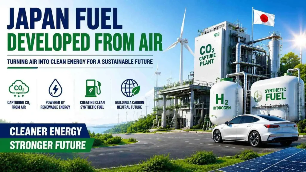 Japan fuel developed from air technology featuring a CO₂ capture plant, hydrogen storage tanks, renewable energy infrastructure, and synthetic fuel production facility