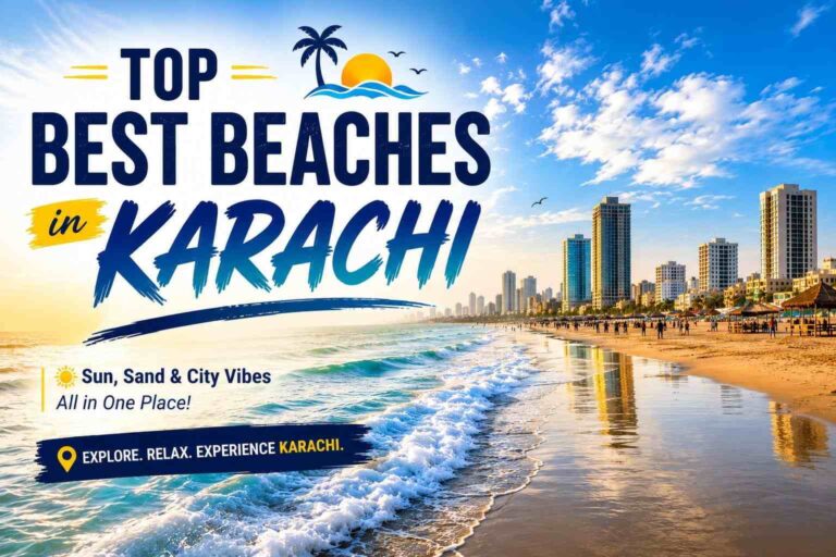 A modern travel banner highlighting the best beaches in Karachi with a panoramic view of the coastline, sandy beach, ocean waves, and the Karachi skyline