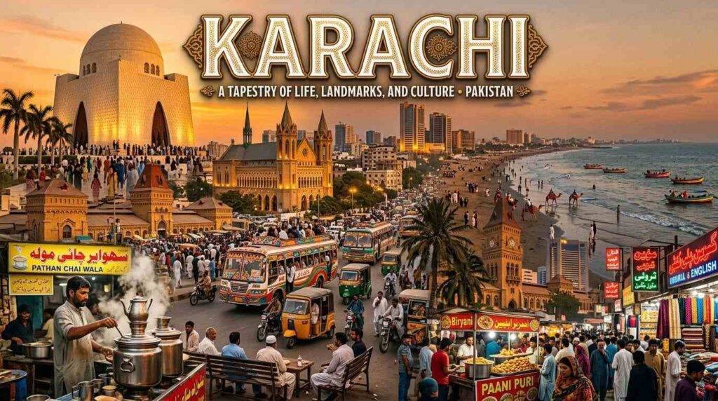 A vibrant Karachi travel poster featuring Mazar-e-Quaid, Clifton Beach, the Arabian Sea shoreline, colorful buses, busy streets, food stalls, palm trees, colonial architecture, and modern buildings