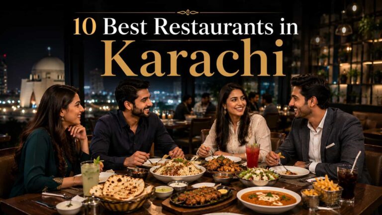 A stylish Karachi dining scene with friends enjoying dinner by city lights, featuring Pakistani dishes, naan, grilled meats, curry, biryani, drinks, and a bold restaurant guide heading