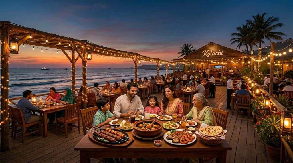 Kolachi restaurant showing seaside outdoor dining in Karachi, sunset, Pakistani food, and warm lights
