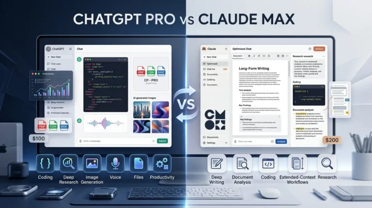 ChatGPT Pro vs Claude Max comparison showing AI tools for coding, research, writing, document analysis, and productivity.