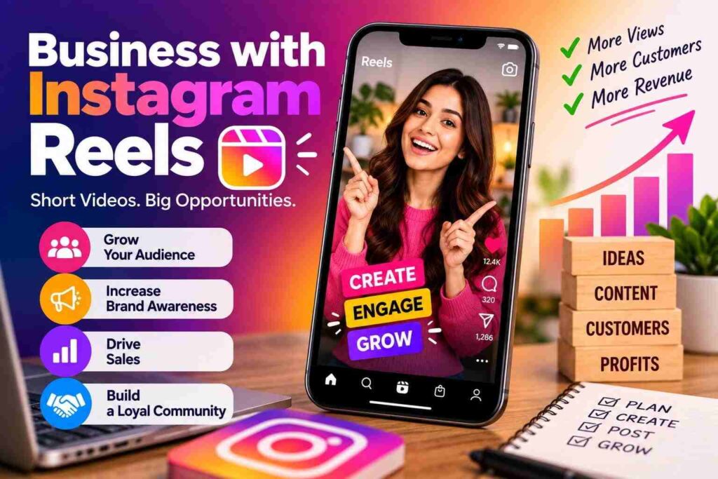 Instagram Reels marketing graphic showing business growth, audience engagement, brand awareness, and sales opportunities