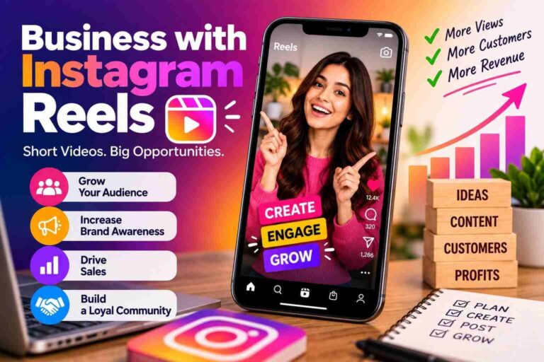 Instagram Reels marketing graphic showing business growth, audience engagement, brand awareness, and sales opportunities
